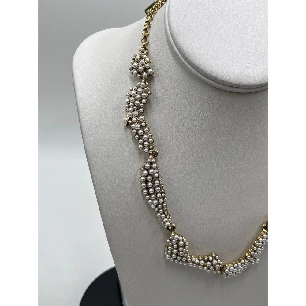 Oscar de la Renta Crystal Torn Paper Pearl Glamour Antique Gold Tone Necklace - Picture 3 of 12